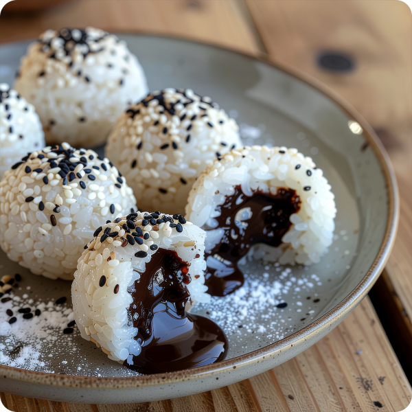 Boules de riz gluant au sésame, cœur de chocolat coulant sur assiette en grès