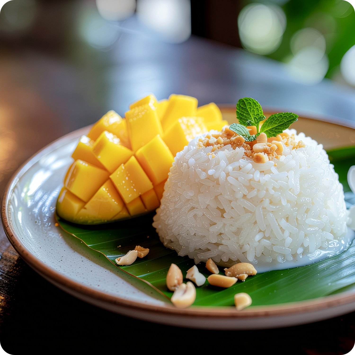 Mango sticky rice servi sur une feuille de bananier, mangue taillée et cacahuètes concassées