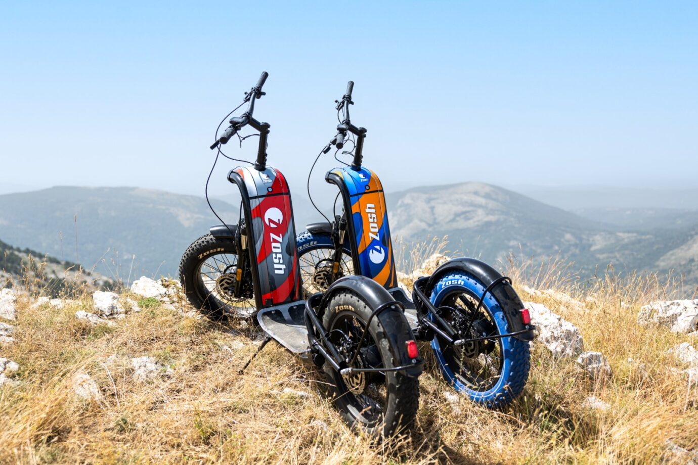 Deux trottinettes Zosh Mountain rouge et bleue posées dans les herbes hautes d'un sommet